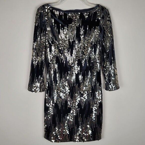 Eliza J Size 2 Sequin Velvet Shift Mini Dress 3/4 Sleeve Party Black Gold - Picture 3 of 12